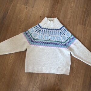 Old Navy White Fair Isle Intarsia Cropped Mock Neck Pullover Sweater EUC Small